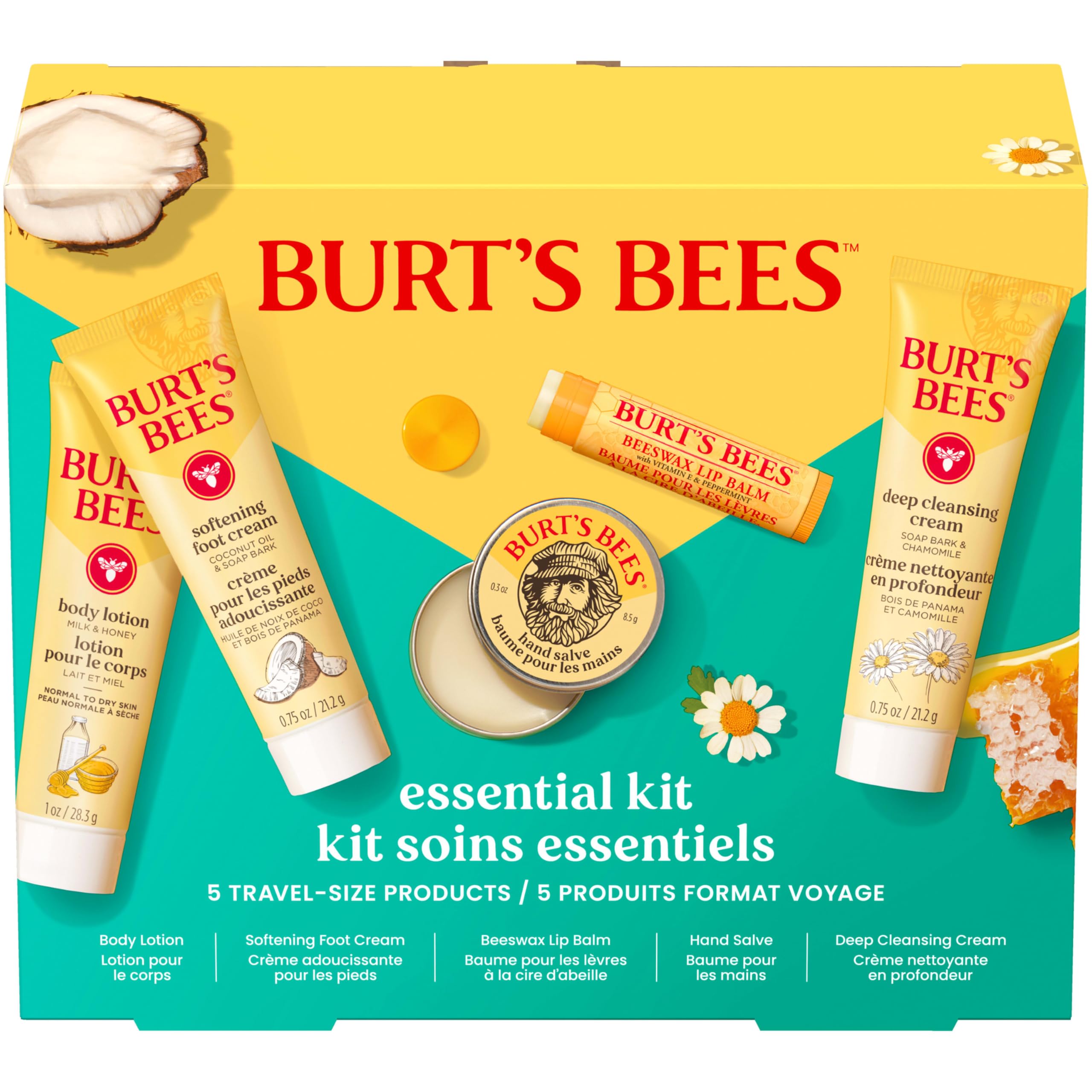 Burt's Bees Gifts Ideas - Essential Everyday Beauty Set, 5 Travel Size Products - Deep Cleansing Cream, Hand Salve, Body Lotion, Foot Cream and Lip Balm